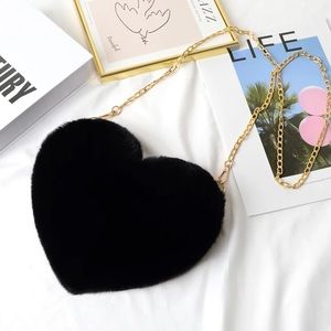 Black Faux Rabbit Fur Heart Crossbody Purse
